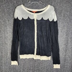 ModCloth Cardigan Sweater Womens Large Gray Cream Scalloped Colorblock Knit